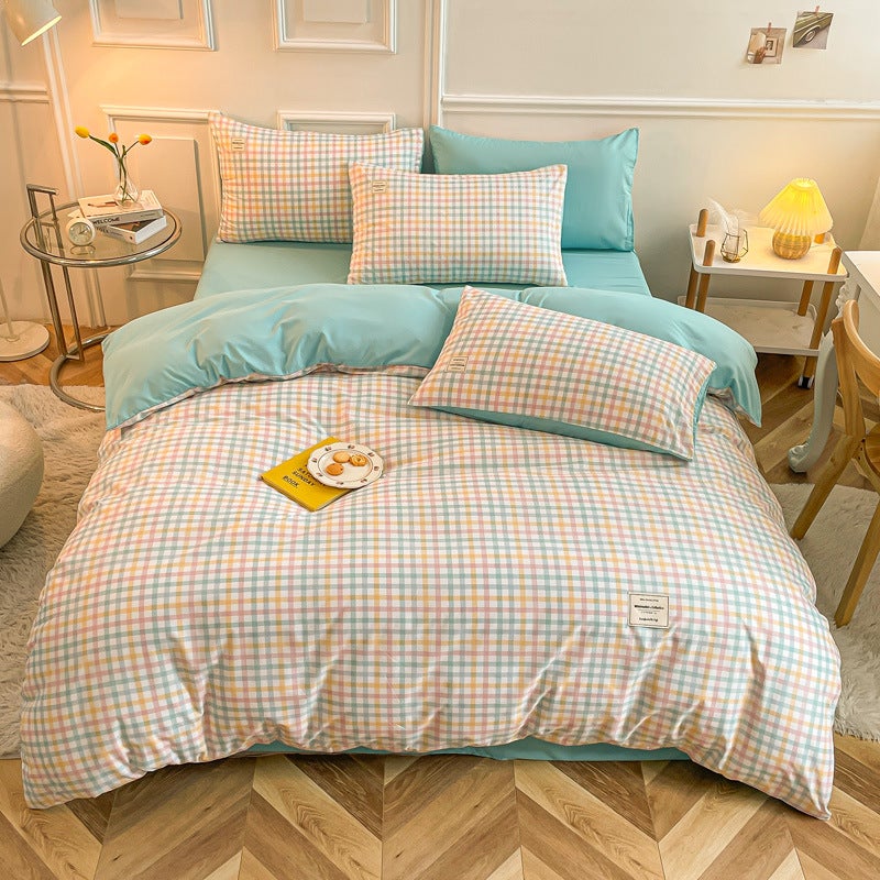 Japanese Style Simple Plaid Four-Piece Set Sanding Wash Cotton Bed Sheet Quilt Cover Three-Piece Set Bed Hat Bedding - Image 5