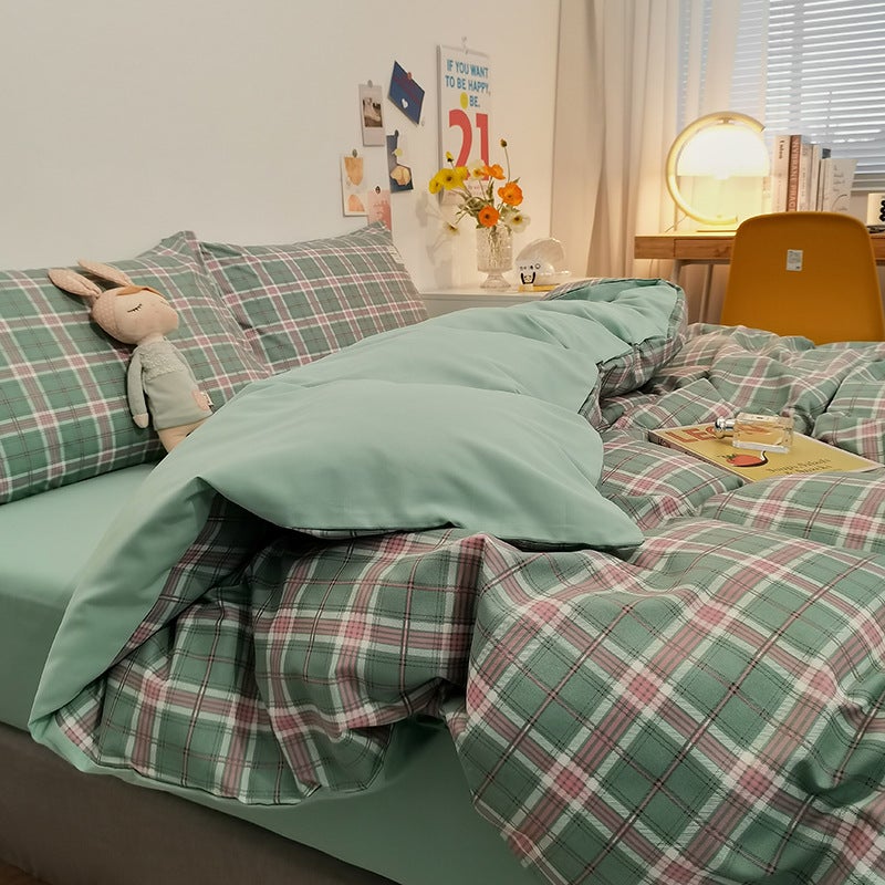 Japanese Style Simple Plaid Four-Piece Set Sanding Wash Cotton Bed Sheet Quilt Cover Three-Piece Set Bed Hat Bedding - Image 1