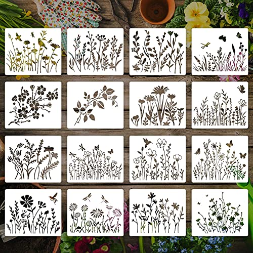 eageus 16 Pieces Wildflower Stencils for Painting, Reusable Small Spring Wild Flower Stencils Wall Stencils, DIY Small Drawing Template Stencil for Painting on Wood Wall Canvas Home Decor(5x6Inch) - Image 1