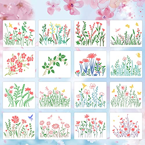 eageus 16 Pieces Wildflower Stencils for Painting, Reusable Small Spring Wild Flower Stencils Wall Stencils, DIY Small Drawing Template Stencil for Painting on Wood Wall Canvas Home Decor(5x6Inch) - Image 5