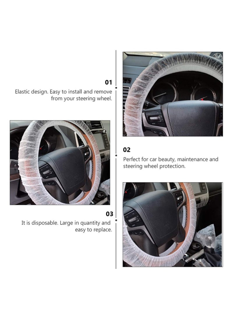 100 Pcs Disposable Plastic White Opaque Steering Wheel Cover Elastic Pull Handle Steering Wheel Protective Covers Universal for Cars Trucks - Image 4