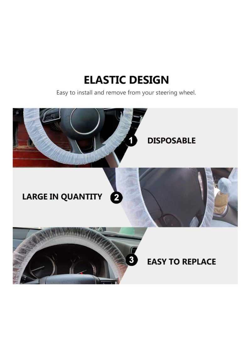 100 Pcs Disposable Plastic White Opaque Steering Wheel Cover Elastic Pull Handle Steering Wheel Protective Covers Universal for Cars Trucks - Image 3
