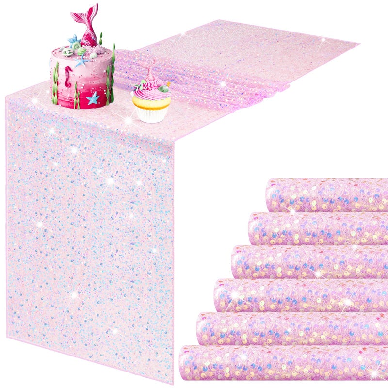Remagr 6 Pcs Iridescent Sequin Table Runner 12 x 72 Inch Mermaid Table Runner Glitter Sequin Table Runner for Wedding Birthday Party Baby Shower Ceremony Supplies Decor(Pink) - Image 1