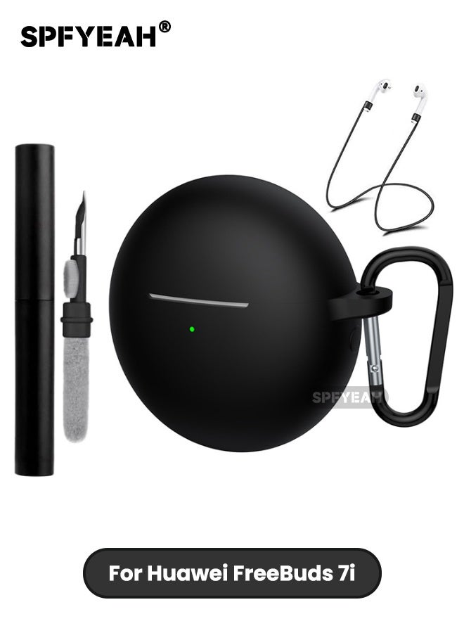 اس بي اف يا. جراب سماعات هواوي فري بودز 7i، جراب سيليكون ناعم مع حلقة مفاتيح ومجموعة تنظيف وحزام مغناطيسي مضاد للضياع، مؤشر LED أمامي مرئي، غطاء واقٍ مقاوم للصدمات لسماعات هواوي فري بودز 7i (2025)، أسود - Image 1