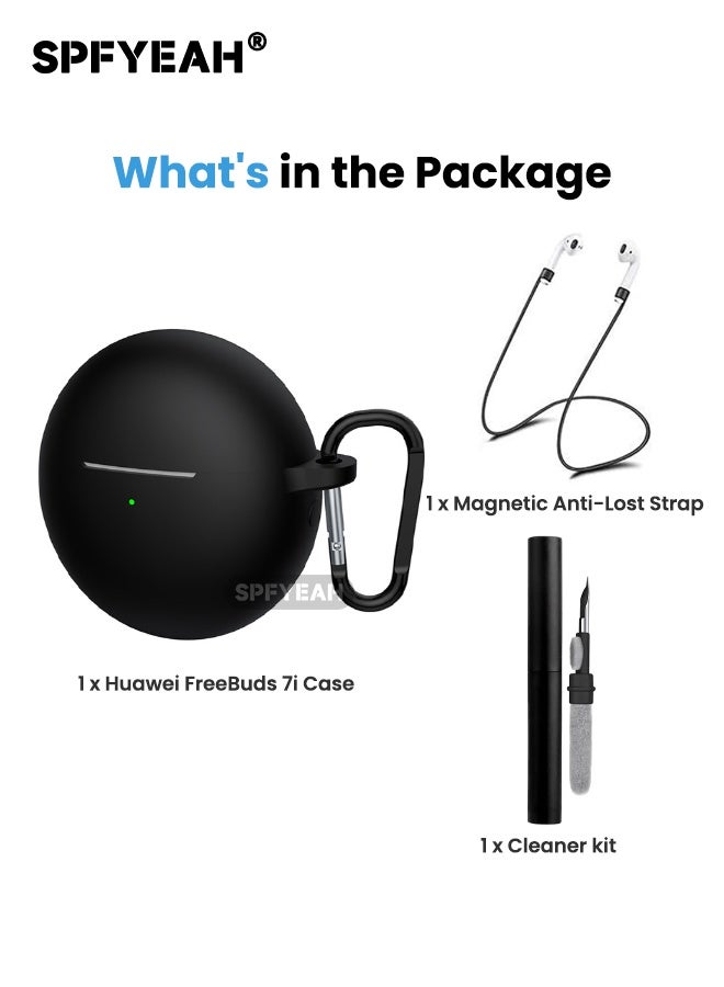 اس بي اف يا. جراب سماعات هواوي فري بودز 7i، جراب سيليكون ناعم مع حلقة مفاتيح ومجموعة تنظيف وحزام مغناطيسي مضاد للضياع، مؤشر LED أمامي مرئي، غطاء واقٍ مقاوم للصدمات لسماعات هواوي فري بودز 7i (2025)، أسود - Image 3