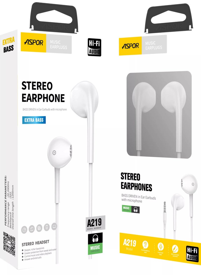 Aspor Earphone A219 Handset 3.5mm Classic in-Ear Wired Handsfree with Mic