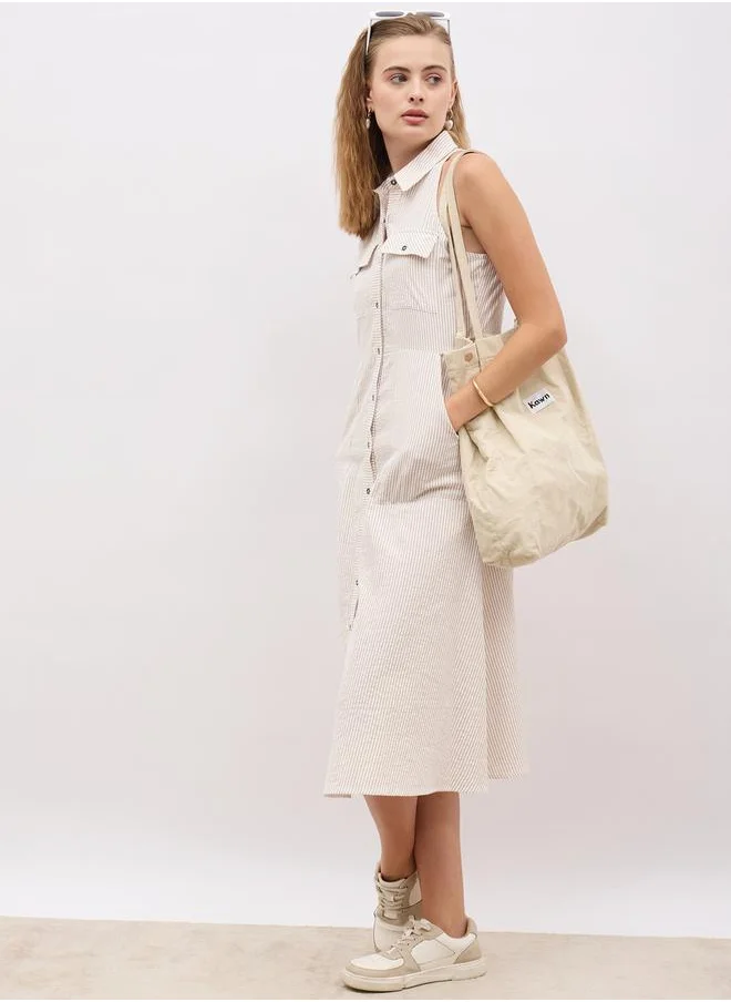 ستايلي Striped Sleeveless Shirt Midi Dress with Pockets
