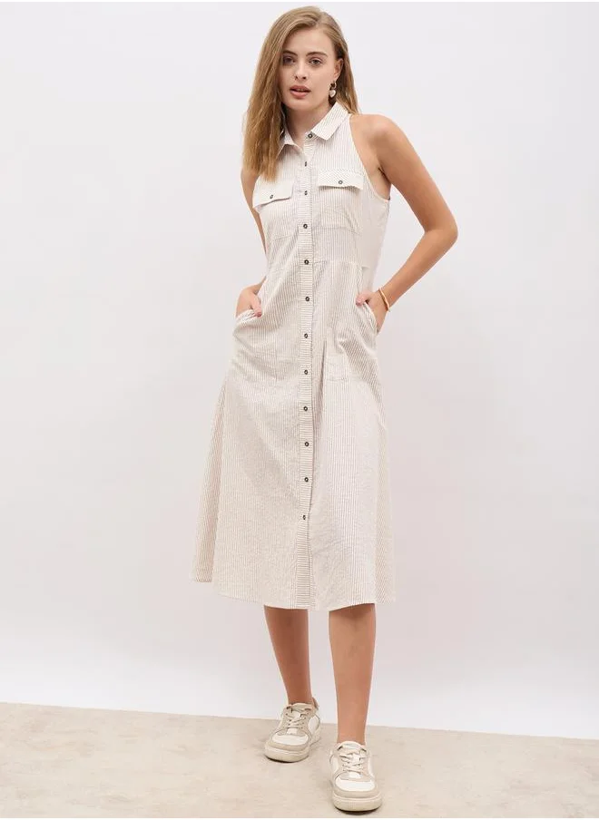 ستايلي Striped Sleeveless Shirt Midi Dress with Pockets