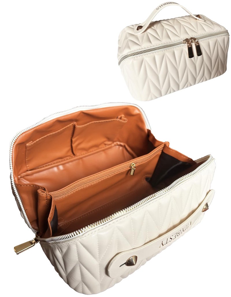 VIDIBESTY Travel Makeup Bag for Women, Large Capacity Cosmetic Bags for Girls, Compact Pouch Make up Organizer, Waterproof Toiletry Bag with Divider and Handle (White) - Image 1