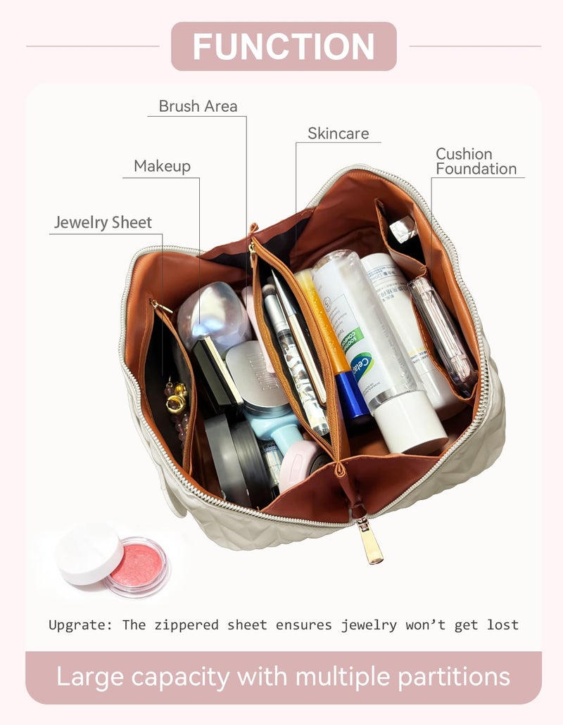 VIDIBESTY Travel Makeup Bag for Women, Large Capacity Cosmetic Bags for Girls, Compact Pouch Make up Organizer, Waterproof Toiletry Bag with Divider and Handle (White) - Image 2