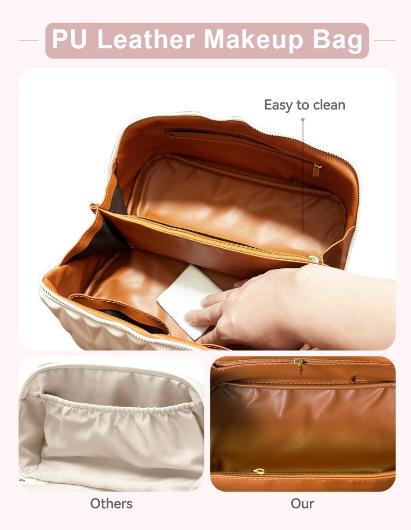 VIDIBESTY Travel Makeup Bag for Women, Large Capacity Cosmetic Bags for Girls, Compact Pouch Make up Organizer, Waterproof Toiletry Bag with Divider and Handle (White) - Image 4