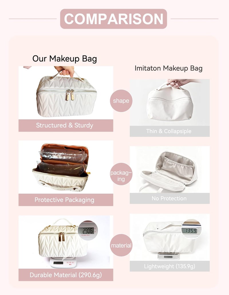 VIDIBESTY Travel Makeup Bag for Women, Large Capacity Cosmetic Bags for Girls, Compact Pouch Make up Organizer, Waterproof Toiletry Bag with Divider and Handle (White) - Image 3