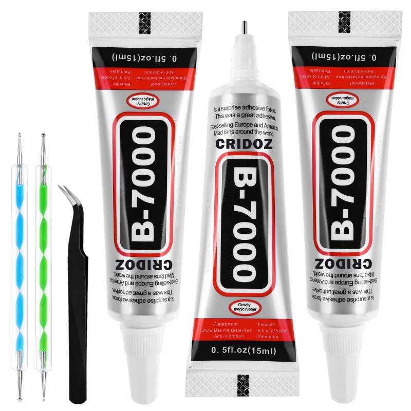 cridoz B7000 Rhinestone Glue for Jewelry Making, Clear Craft Glue with Precision Tips Dotting Pens for Metal, Stone, Nail Art, Beading, Wood, Glass - 0.5 fl oz, 3 Packs - Image 1
