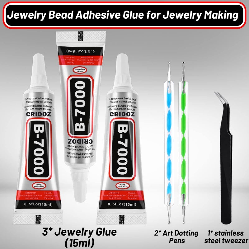 cridoz B7000 Rhinestone Glue for Jewelry Making, Clear Craft Glue with Precision Tips Dotting Pens for Metal, Stone, Nail Art, Beading, Wood, Glass - 0.5 fl oz, 3 Packs - Image 2