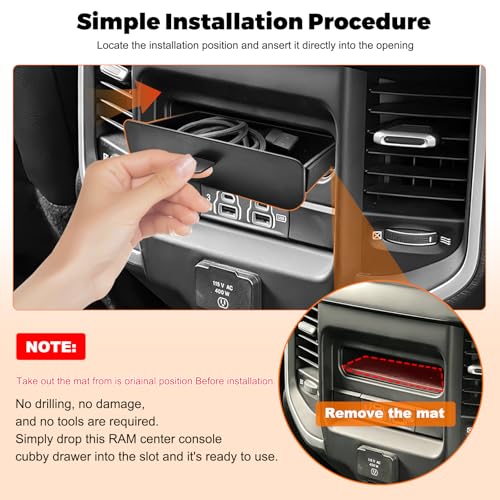 JLQP Rear Seat Storage Tray Fit for 2019-2026 Dodge Ram 1500 2500 3500 Insert Drawer Box - Easy to Install Removable Cubby Organizer Box Insert Tray (Only Fits Models with Cubby) - Image 4