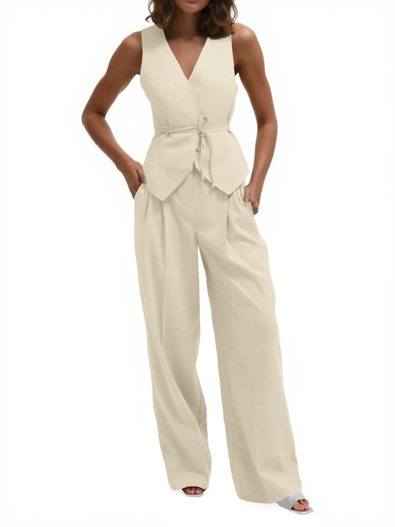 Cicy Bell Womens 2 Piece Outfits V Neck Tie Waist Blazer Vest and Wide Leg Business Casual Suit Pants Sets Apricot - Image 1