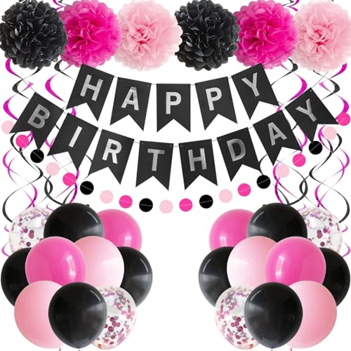 ANSOMO Pink and Black Happy Birthday Party Decorations for Girls Women Banner Hot Pink Balloons Pom Poms Swirls Dcor Supplies 13th 16th 18th 20th 30th 40th 50th 60th 70th 80th - Image 1