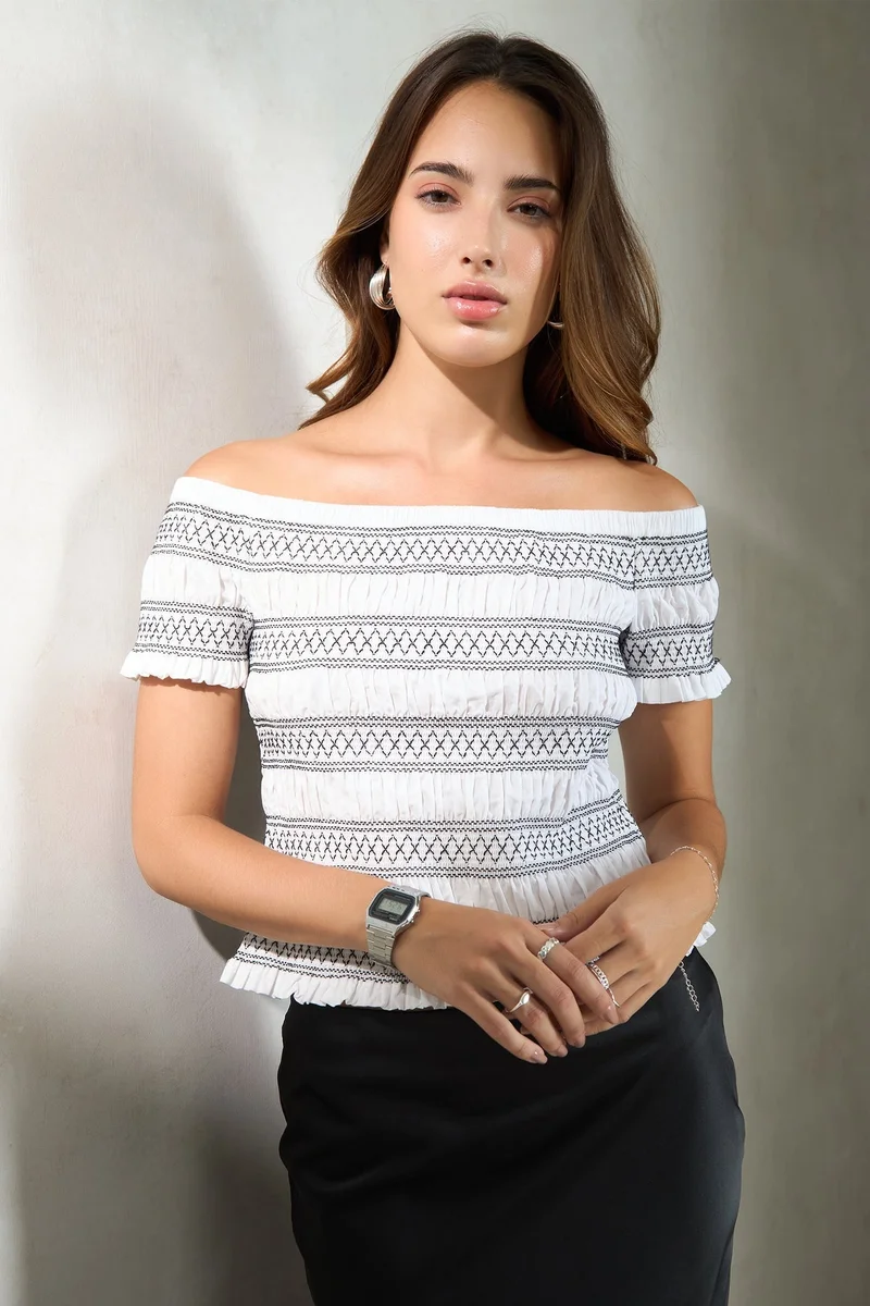 Virgio VIRGIO 100% Cotton Off-Shoulder Smocked Top