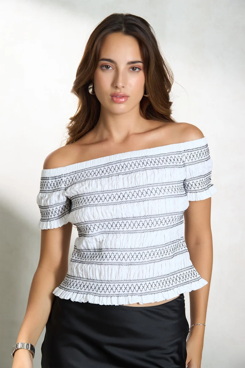 Virgio VIRGIO 100% Cotton Off-Shoulder Smocked Top