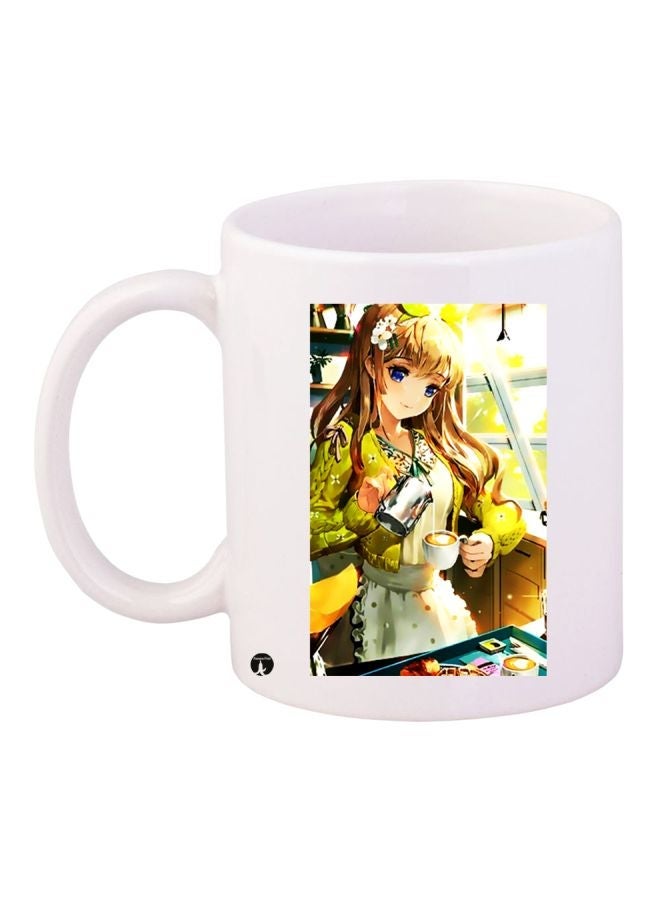 RYN Anime Girl Printed Coffee Mug White/Yellow/Brown 11ounce