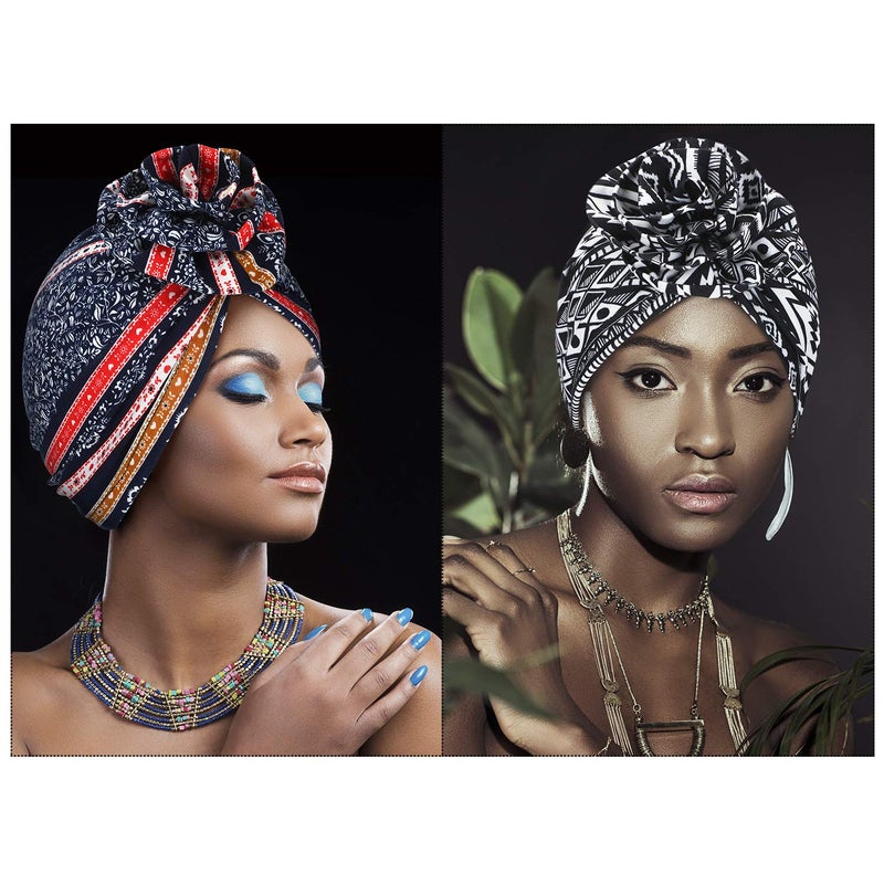 SATINIOR 6 Pieces Women Turbans African Pattern Knot Headwrap Pre-Tied Bonnet for Women Girls, Multicoloured, Medium - Image 4