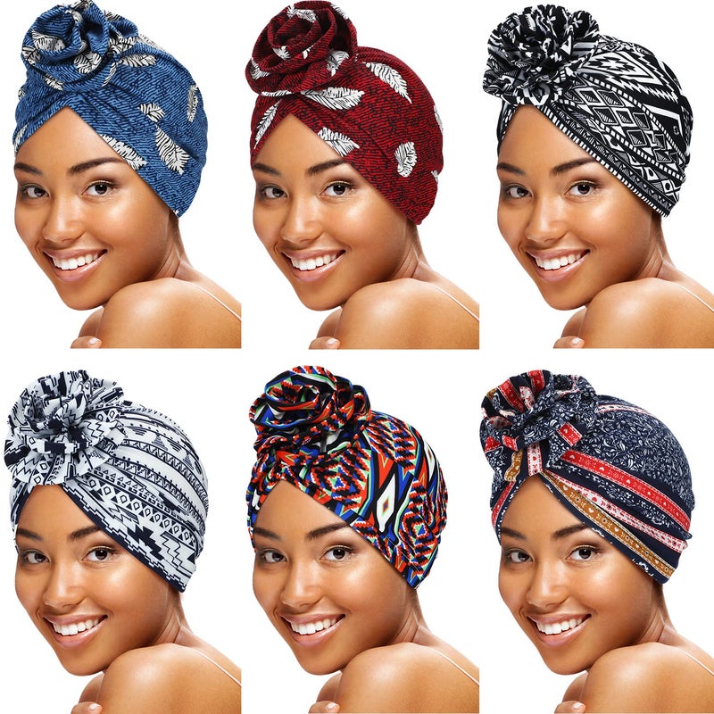 SATINIOR 6 Pieces Women Turbans African Pattern Knot Headwrap Pre-Tied Bonnet for Women Girls, Multicoloured, Medium - Image 1