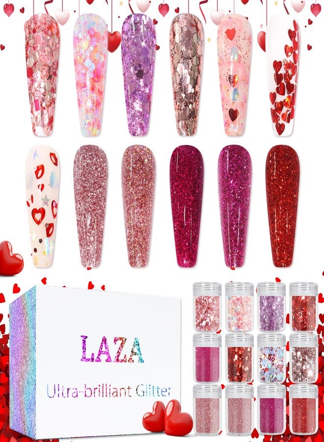 Laza 12 Colors Nail Art Glitter for Valentine’s Day Nail Stickers Chunky Red Glitter Powder Fairy Dust Pink Nail Charms Sparkle Confetti Sequins Foil Flakes for Nails, Makeup, Resin - Glittery Love - Image 1