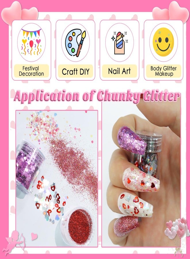 Laza 12 Colors Nail Art Glitter for Valentine’s Day Nail Stickers Chunky Red Glitter Powder Fairy Dust Pink Nail Charms Sparkle Confetti Sequins Foil Flakes for Nails, Makeup, Resin - Glittery Love - Image 4