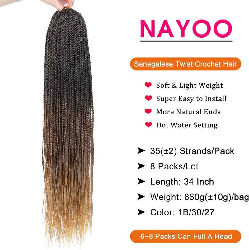 NAYOO Ombre Crochet Hair Senegalese Twist, 34 Inch 8 Packs Small Crochet Hair for Black Women, 35 Strands/Pack Long Braids Crochet Hair, Twist Crochet Hair Hot Water Setting (34 Inch, 1B/30/27) - Image 3