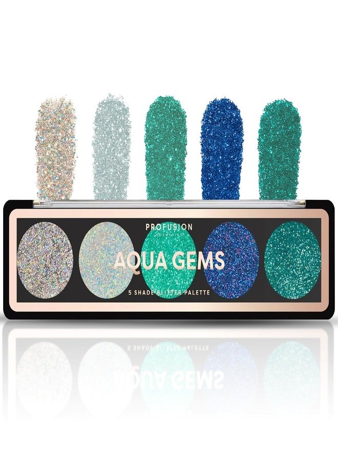 Profusion Cosmetics Glitter Eye Shadow Palette, 5 Shades of Gems - Aqua Gems (4.5g) - Image 1