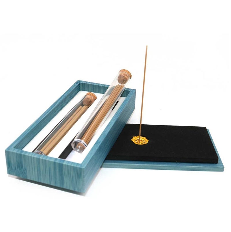 Bakhoor BoSidin Premium Cambodian Oud Incense Gift Box, 1.3mm and 3mm Agarwood Sticks with Built-In Brass Holder for Home, office, Ramadan, Meditation and Giftings - Blue - Image 1