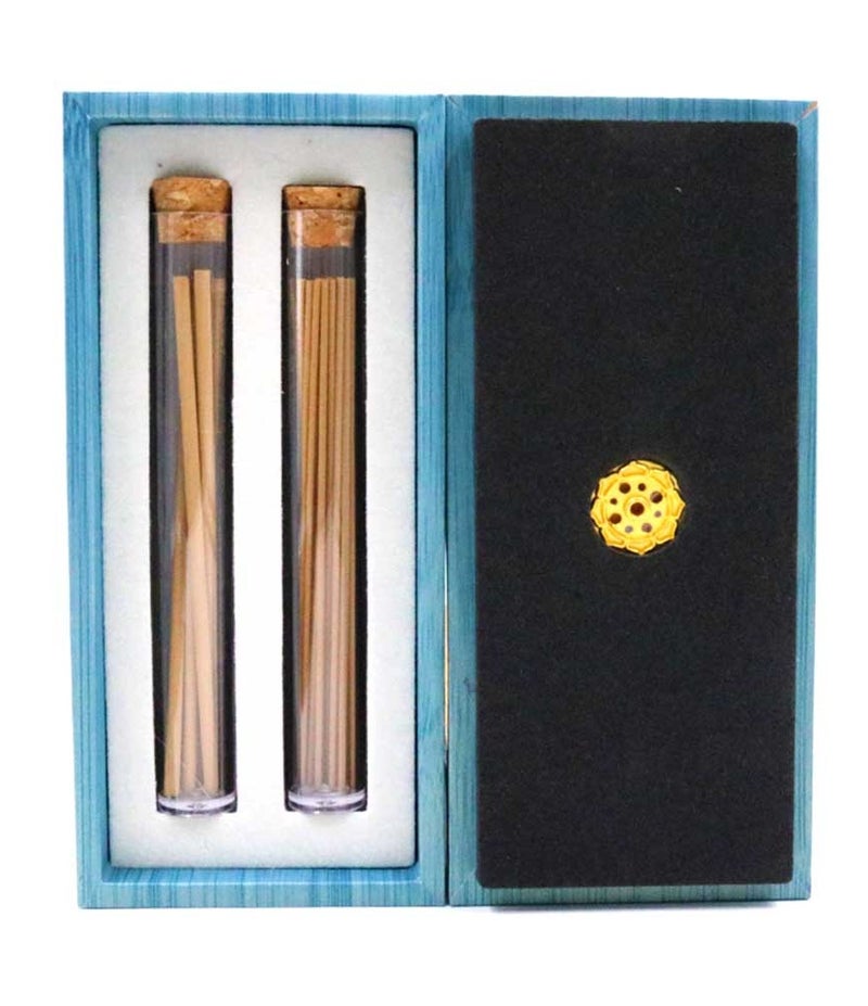 Bakhoor BoSidin Premium Cambodian Oud Incense Gift Box, 1.3mm and 3mm Agarwood Sticks with Built-In Brass Holder for Home, office, Ramadan, Meditation and Giftings - Blue - Image 2