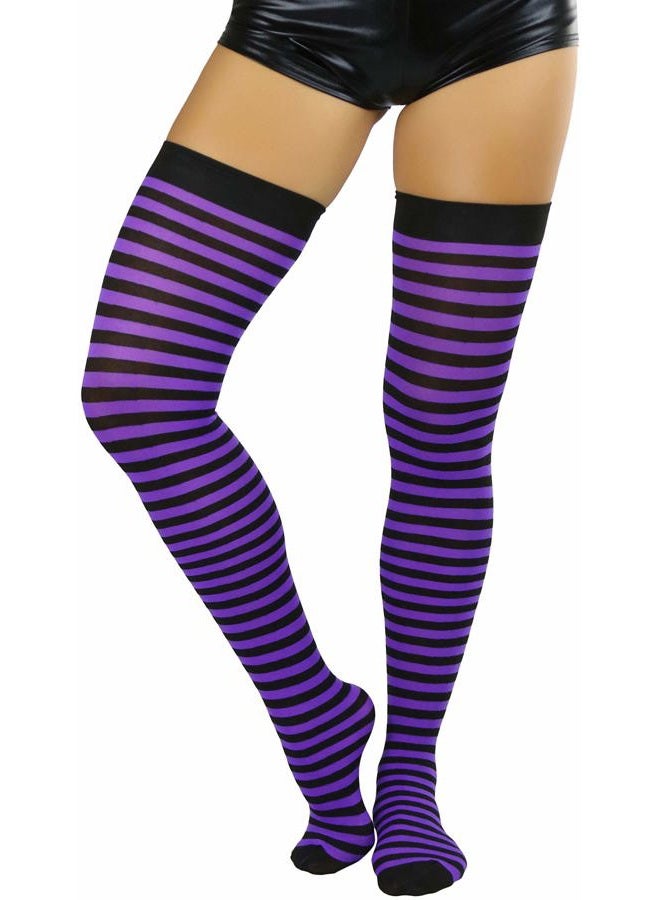 ToBeInStyle Women's Opaque Hosiery Thin Striped Thigh High Long Stocking, Black W/Purple Stripes, One size - Image 1