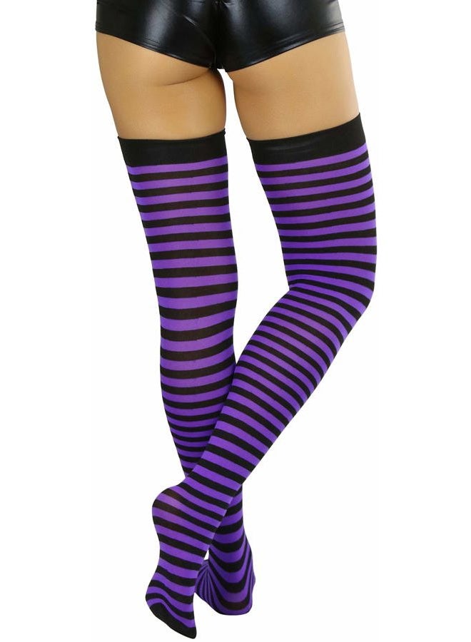 ToBeInStyle Women's Opaque Hosiery Thin Striped Thigh High Long Stocking, Black W/Purple Stripes, One size - Image 2