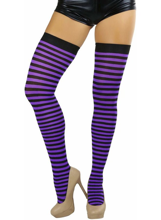 ToBeInStyle Women's Opaque Hosiery Thin Striped Thigh High Long Stocking, Black W/Purple Stripes, One size - Image 5
