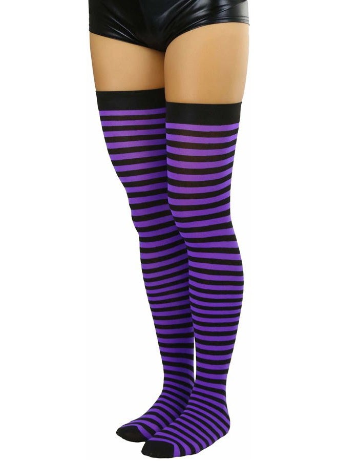 ToBeInStyle Women's Opaque Hosiery Thin Striped Thigh High Long Stocking, Black W/Purple Stripes, One size - Image 3