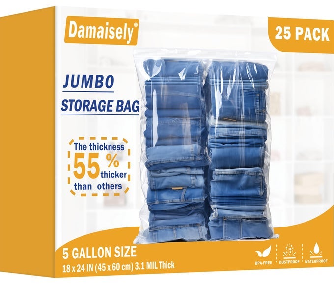 LARGE STORAGE BAGS WITH ZIPPER TOP 5 GALLON BAGS 18 X 24 RESEALABLE PLASTIC BAG JUMBO FREEZER BAG FOR FOOD CLOTHES TRAVEL MOVING 31MIL THICK PACK OF 25