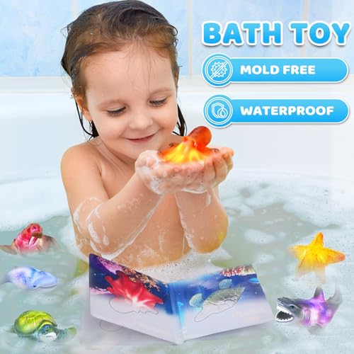 KarberDark 6 Pack Light Up Bath Toys Magic Bath Book Storage Bag for Toddler No Hole Floating Ocean Animal with LED Flashing Colors Glow Sensory Bathtub Toy for Kid Water Table Toy Gift for Boy Girl - Image 5