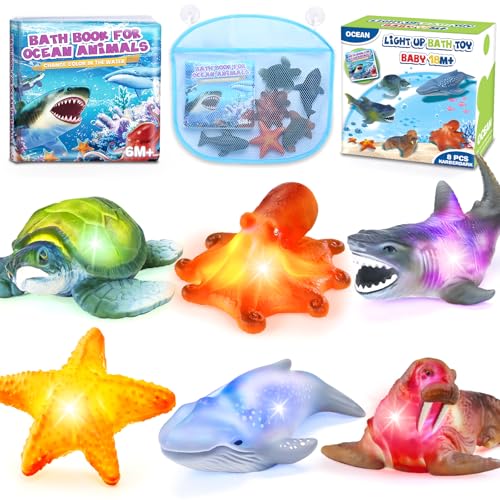 KarberDark 6 Pack Light Up Bath Toys Magic Bath Book Storage Bag for Toddler No Hole Floating Ocean Animal with LED Flashing Colors Glow Sensory Bathtub Toy for Kid Water Table Toy Gift for Boy Girl - Image 1