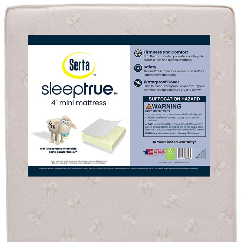 Delta CHILDREN Delta Children Serta SleepTrue Mini Crib Mattress Premium Sustainably Sourced Fiber Core Hypoallergenic Waterproof Cover Greenguard Gold Certified Made in USA White 