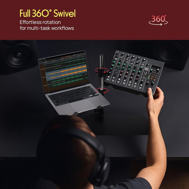 Pyle حامل لابتوب محمول مزدوج - حامل طاولة قائم مع ذراعين قابلين للتعديل، ارتفاع قابل للتعديل، تصميم مريح، دوران 360° لخلط الصوت، معدات الصوت، محطة العمل، الألعاب والاستخدام المنزلي مع وظيفة الميل. - Image 4