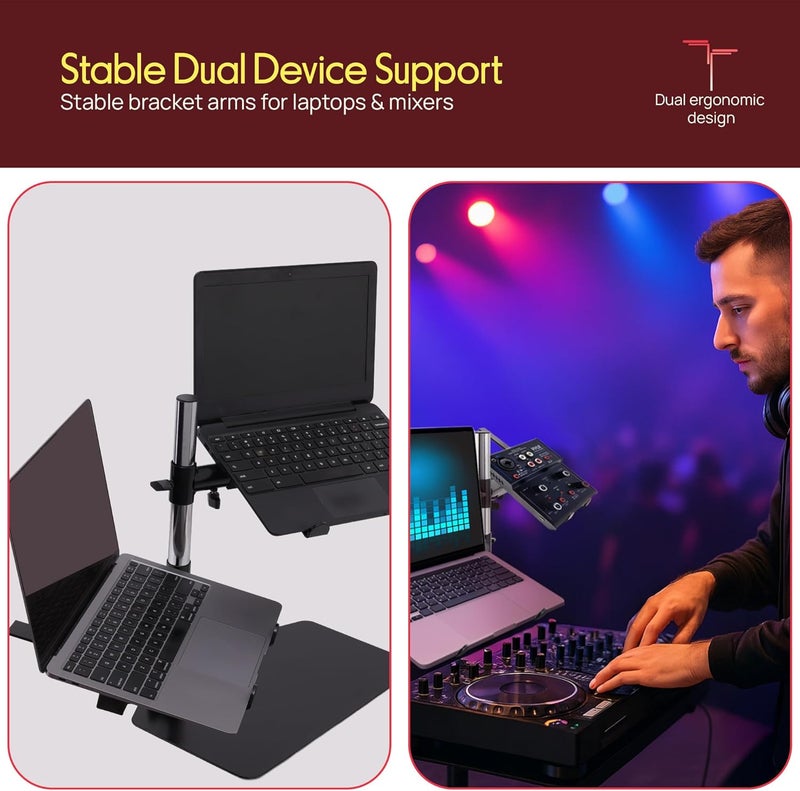 Pyle حامل لابتوب محمول مزدوج - حامل طاولة قائم مع ذراعين قابلين للتعديل، ارتفاع قابل للتعديل، تصميم مريح، دوران 360° لخلط الصوت، معدات الصوت، محطة العمل، الألعاب والاستخدام المنزلي مع وظيفة الميل. - Image 2