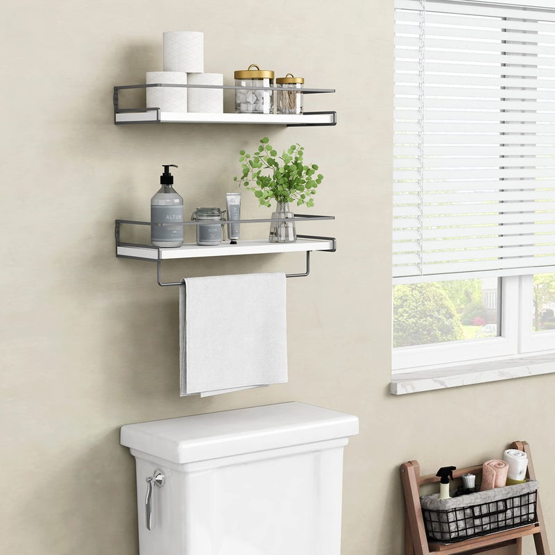 Forbena White Floating Shelves for Bathroom Organizer Over Toilet, Bathroom Shelves Wall Mounted with Towel Rack, Corner Wall Shelf for Bedroom Decor Kitchen Storage (White-Dark Grey, Set of 2) - Image 2