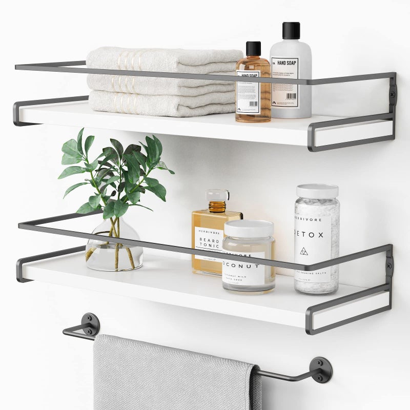 Forbena White Floating Shelves for Bathroom Organizer Over Toilet, Bathroom Shelves Wall Mounted with Towel Rack, Corner Wall Shelf for Bedroom Decor Kitchen Storage (White-Dark Grey, Set of 2) - Image 1