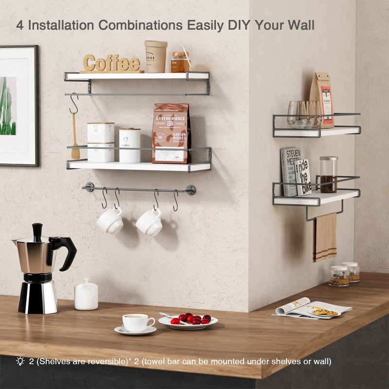 Forbena White Floating Shelves for Bathroom Organizer Over Toilet, Bathroom Shelves Wall Mounted with Towel Rack, Corner Wall Shelf for Bedroom Decor Kitchen Storage (White-Dark Grey, Set of 2) - Image 5