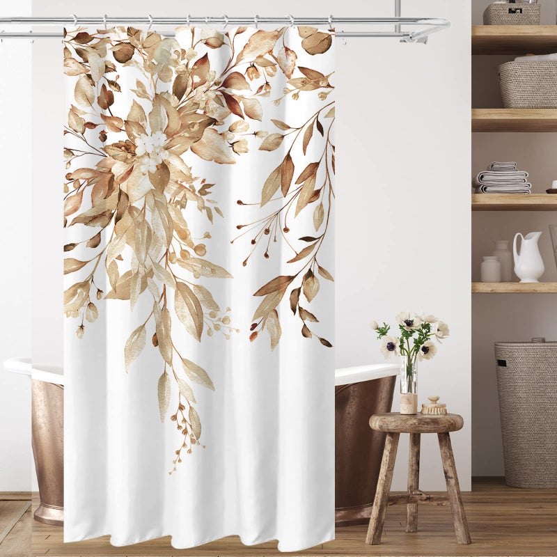 Tititex Tan Eucalyptus Shower Curtain Sets Watercolor Light Brown Leaves on The Top Plant with Floral Bathroom Decoration 36x72 Inch with Hooks