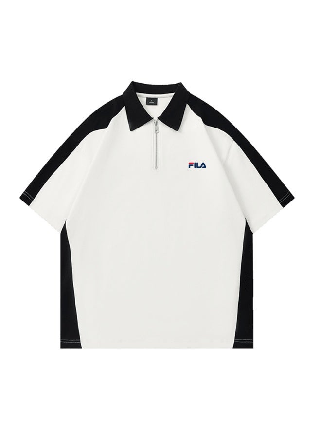 FILA Contrasting Semi-Zipped Polo Shirt for Men and Women Summer Loose Shoulder Short Sleeve Retro Lapel T-shirt - Image 3