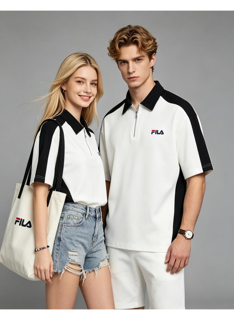 FILA Contrasting Semi-Zipped Polo Shirt for Men and Women Summer Loose Shoulder Short Sleeve Retro Lapel T-shirt - Image 5