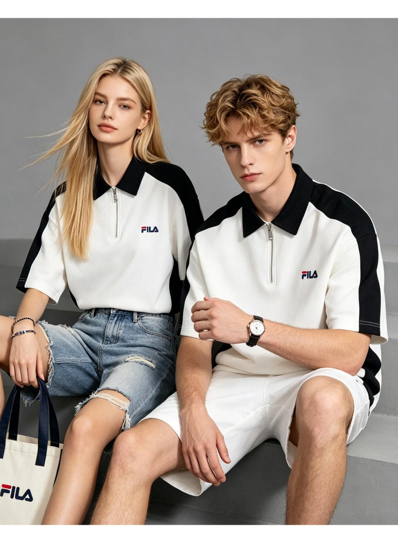 FILA Contrasting Semi-Zipped Polo Shirt for Men and Women Summer Loose Shoulder Short Sleeve Retro Lapel T-shirt - Image 2