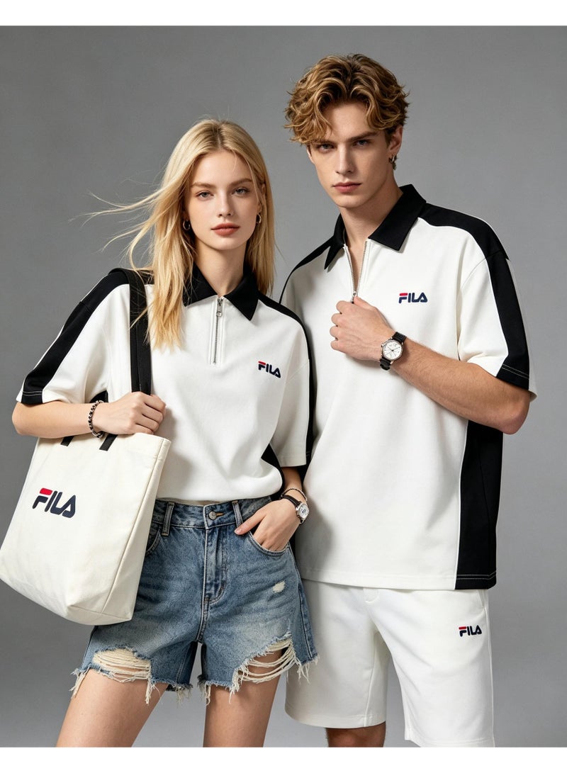 FILA Contrasting Semi-Zipped Polo Shirt for Men and Women Summer Loose Shoulder Short Sleeve Retro Lapel T-shirt - Image 1
